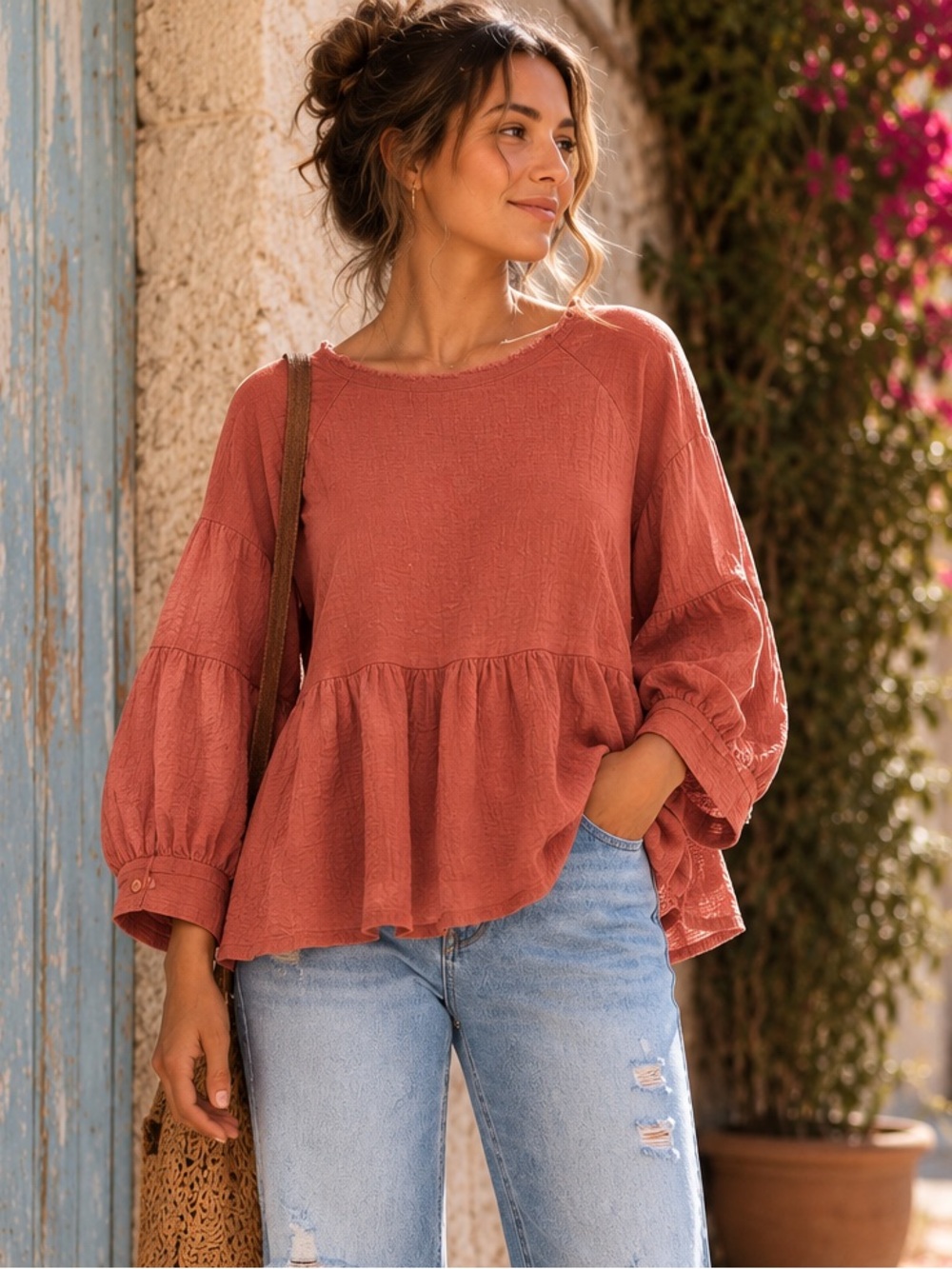 Mod Ref Dusty Rose Cotton Gauze Peplum Babydoll Top Medium Boho Cottagecore